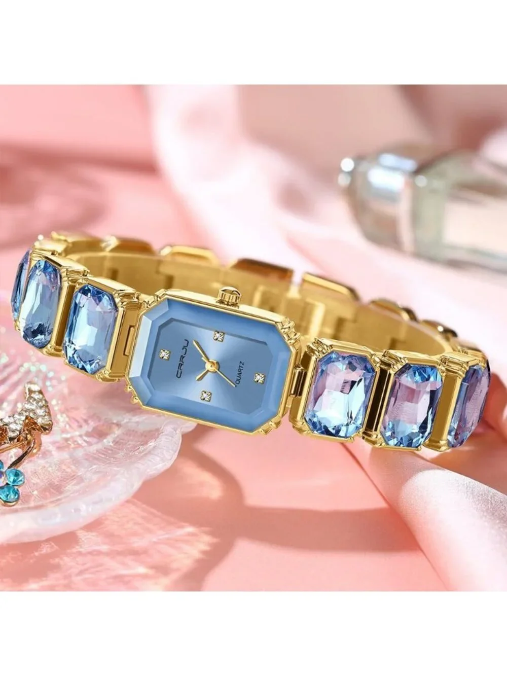 Women's Blue Ladies Square Crystal Quartz Fashion Luxury Movement Wrist Watch